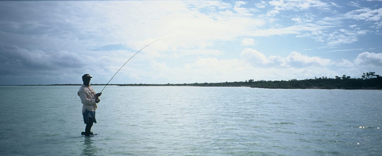 A color photograhp of a man standing in shallow water flyfishing