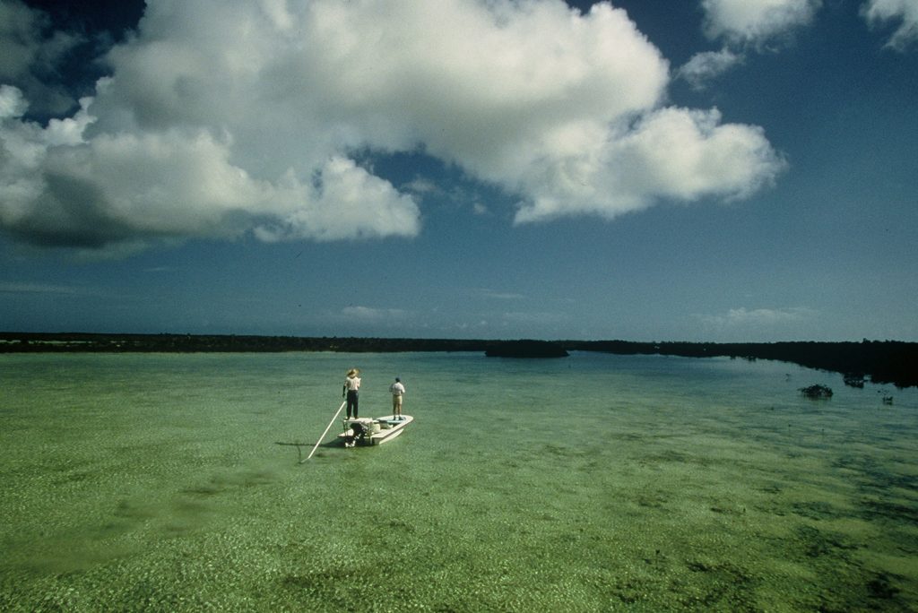 Flyfishing for bonefish from a skiff on Andros Island, Bahamas