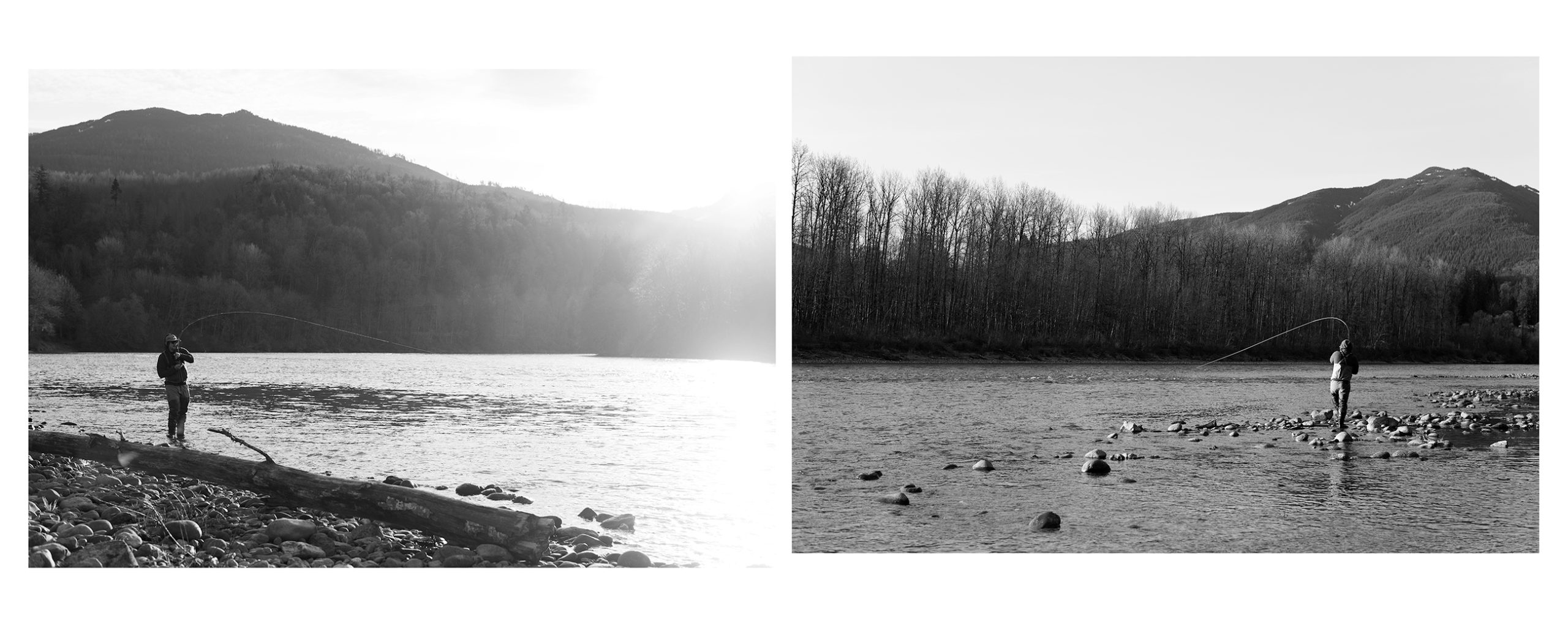 A black and white diptych of two different views of an angler fighting a steelhead.